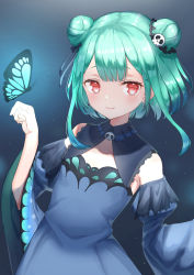 Rule 34 | 1girl, absurdres, animal, black bow, blue dress, blue sleeves, blush, bow, bug, butterfly, closed mouth, commentary request, detached sleeves, double bun, dress, earrings, hair bow, hair bun, hair ornament, hand up, highres, hololive, insect, jewelry, juliet sleeves, long sleeves, puffy sleeves, red eyes, segawa luna, skull earrings, skull hair ornament, sleeveless, sleeveless dress, smile, solo, upper body, uruha rushia, uruha rushia (1st costume), virtual youtuber