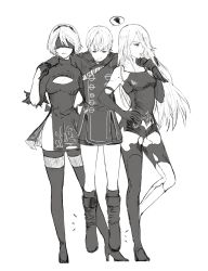 Rule 34 | 2girls, absurdres, annoyed, blindfold, breasts, carrying, choker, dress, feather-trimmed sleeves, gloves, greyscale, height conscious, highres, long hair, mole, mole under mouth, monochrome, multiple girls, nahonanaho, nier (series), nier:automata, smile, thighhighs, 2b (nier:automata), 9s (nier:automata), a2 (nier:automata)