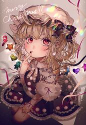 Rule 34 | 1girl, adapted costume, alternate wings, blonde hair, blush, bow, closed mouth, cowboy shot, earrings, finger to mouth, flandre scarlet, from above, fur-trimmed sleeves, fur trim, hat, hat bow, highres, jewelry, lace, lace-trimmed skirt, lace trim, looking at viewer, looking up, majamari, medium hair, merry christmas, messy hair, mob cap, multicolored wings, red eyes, red ribbon, red skirt, ribbon, simple background, skirt, solo, touhou, white hat, wings