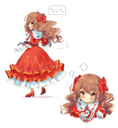 Rule 34 | 1girl, :d, :t, back, blush, bow, brooch, brown hair, curly hair, dress, frilled dress, frilled sleeves, frills, full body, fume, gem, hair bow, high heels, jewelry, long hair, looking at viewer, looking back, motion lines, multiple views, open mouth, original, pout, puffy short sleeves, puffy sleeves, red bow, red dress, red eyes, ribbon, red gemstone, sakuro, short sleeves, simple background, smile, walking, wavy hair, white background