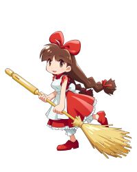 Rule 34 | 1girl, absurdres, apron, bloomers, blunt bangs, bow, broom, brown eyes, brown hair, cotton (game), doki doki poyatchio, dress, full body, hair bow, highres, holding, holding broom, long hair, low-tied long hair, luffee, official art, open mouth, photoshop (medium), red dress, red footwear, simple background, sleeveless, sleeveless dress, solo, twintails, underwear, white apron, white background