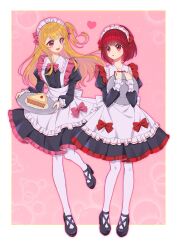 Rule 34 | 2girls, :d, absurdres, alternate costume, apron, arima kana, black dress, black footwear, blonde hair, blush, bow, bowtie, cake, cake slice, collarbone, dress, enmaided, food, frills, high heels, highres, holding, holding plate, hoshino ruby, long hair, looking at another, maid, maid apron, maid headdress, multiple girls, open mouth, oshi no ko, pantyhose, pink background, pink bow, pink bowtie, pink eyes, plate, red hair, shoes, short hair, smile, star-shaped pupils, star (symbol), symbol-shaped pupils, waist apron, white pantyhose, xiang yu pai