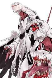 Rule 34 | armor, artist request, creature, creepy, the end of evangelion, fangs, full armor, highres, holding, holding weapon, looking to the side, mass production eva, mecha, neon genesis evangelion, open mouth, polearm, robot, saliva, sharp teeth, simple background, teeth, tongue, tongue out, weapon, wings