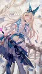 Rule 34 | 1girl, absurdres, alice (alice in wonderland), apron, blonde hair, blush, card, dress, frills, grimlight, hair ornament, hairband, heart, heart-shaped pupils, highres, holding, holding weapon, long hair, looking at viewer, necktie, original, pantyhose, pink eyes, ribbon, skirt, solo, sword, symbol-shaped pupils, tina oekaki, watch, weapon