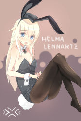 Rule 34 | 1girl, animal ears, blonde hair, blue eyes, blush, character name, cross, cuffs, detached collar, fake animal ears, hat, helma lennartz, highres, iron cross, leotard, oi ke, open mouth, pantyhose, playboy bunny, rabbit tail, solo, strike witches, strike witches: suomus misfits squadron, tail, world witches series