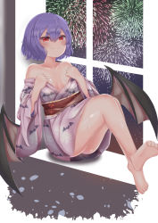 Rule 34 | 1girl, aerial fireworks, alternate costume, animal print, bare shoulders, bat print, bat wings, blush, breasts, cleavage, clothes pull, collarbone, commentary request, fang, fang out, fireworks, floral print, hair between eyes, highres, japanese clothes, kimono, knees up, purple kimono, leg lift, looking at viewer, no headwear, obi, off shoulder, purple hair, red eyes, remilia scarlet, remitei03, sash, short hair, sitting, slit pupils, small breasts, smile, smug, solo, toe scrunch, touhou, undressing, window, windowsill, wings, yukata