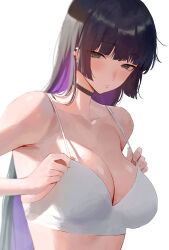 Rule 34 | 1girl, absurdres, backlighting, bare shoulders, black hair, blunt bangs, blush, bocchi the rock!, bra, breasts, chin piercing, choker, cleavage, collarbone, colored inner hair, green eyes, highres, large breasts, long hair, looking at viewer, multicolored hair, pa-san, purple hair, rororo, solo, underwear, white background, white bra