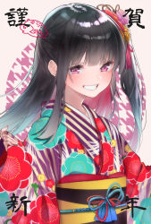 Rule 34 | 1girl, 2019, :d, black hair, blush, commentary request, floral print, flower, grin, hair flower, hair ornament, hands up, highres, japanese clothes, kimono, long hair, long sleeves, looking at viewer, obi, open mouth, original, pig, pinching sleeves, pink flower, print kimono, purple eyes, purple kimono, red flower, rinku (rin9), sash, sidelocks, smile, solo, striped, tassel, teeth, upper body, wide sleeves