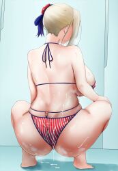 Rule 34 | 1girl, ass, asymmetrical hair, back, barefoot, bikini, blonde hair, breasts, bun cover, cum, cum on ass, cum on back, facial, facing away, fate/grand order, fate (series), from behind, full body, hair bun, hand on own knee, highres, indoors, large breasts, miyamoto musashi (fate), miyamoto musashi (swimsuit berserker) (second ascension) (fate), sirosoil, solo, squatting, striped bikini, striped clothes, swimsuit, textless version, tiptoes