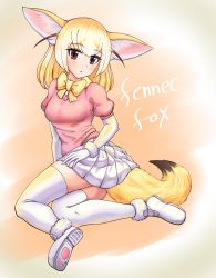 Rule 34 | 1girl, absurdres, animal ears, blonde hair, bow, bowtie, brown eyes, character name, elbow gloves, fennec (kemono friends), fox ears, fox girl, fox tail, gloves, gradient hair, highres, kemono friends, looking at viewer, multicolored hair, neukkom, pleated skirt, shoes, short hair, skirt, sneakers, solo, tail, thighhighs, white footwear, white gloves, white hair, white skirt, white thighhighs, yellow bow, yellow bowtie
