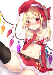 Rule 34 | 1girl, :&gt;, alternate costume, bare shoulders, belt, black thighhighs, blush, bow, breasts, chisiro unya (unya draw), crystal, elbow gloves, flandre scarlet, gloves, hair bow, hat, heart, highres, looking at viewer, one side up, petite, santa costume, simple background, small breasts, solo, star (symbol), thighhighs, touhou, upskirt, wings