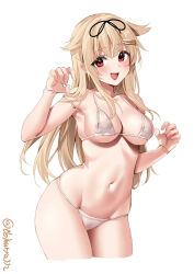 Rule 34 | 1girl, armpits, bandaid, bandaids on nipples, bare shoulders, bikini, black ribbon, blonde hair, blush, breasts, collarbone, cowboy shot, cropped legs, ebifurya, hair flaps, hair ornament, hair ribbon, hairclip, highres, kantai collection, large breasts, long hair, looking at viewer, navel, one-hour drawing challenge, open mouth, pasties, red eyes, ribbon, see-through, simple background, smile, solo, stomach, swimsuit, thighs, twitter username, underboob, white background, white bikini, yuudachi (kancolle), yuudachi kai ni (kancolle)