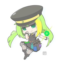 Rule 34 | 1girl, alina gray, black bow, black footwear, black hat, black vest, blonde hair, blunt ends, bow, chain, chibi, closed mouth, fishnet thighhighs, fishnets, fold-over boots, full body, fur cuffs, green eyes, green hair, hat, highres, long hair, looking at viewer, magia record: mahou shoujo madoka magica gaiden, magical girl, mahou shoujo madoka magica, multicolored clothes, multicolored hair, multicolored skirt, peaked cap, pleated skirt, puffy short sleeves, puffy sleeves, senpaki, short sleeves, sidelocks, signature, simple background, skirt, smile, solo, straight hair, streaked hair, striped clothes, striped skirt, thighhighs, vertical-striped clothes, vertical-striped skirt, vest, waist bow, white background