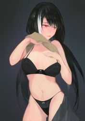 Rule 34 | 1girl, absurdres, black background, black bra, black hair, black panties, black skirt, bra, breast suppress, breasts, clothes lift, girls&#039; frontline, hands up, heterochromia, highleg, highleg panties, highres, large breasts, lifting own clothes, long hair, looking away, low twintails, multicolored hair, panties, red eyes, ribbon, ribbon panties, ro635 (girls&#039; frontline), shirt, shirt lift, simple background, skirt, unworn skirt, sleeveless, sleeveless shirt, sleeveless turtleneck, streaked hair, turtleneck, twintails, underwear, user nugy3734, white hair, yellow eyes, yellow shirt