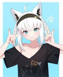 Rule 34 | 1girl, absurdres, ahoge, animal ear fluff, animal ears, aqua eyes, black hairband, black shirt, blue background, blue eyes, blush, border, braid, closed mouth, collarbone, commentary request, double fox shadow puppet, fox ears, fox girl, fox shadow puppet, hair between eyes, hairband, highres, hololive, kumarang, light blue background, looking at viewer, loose clothes, loose shirt, multiple braids, off shoulder, official alternate costume, pentagram, quad braids, shirakami fubuki, shirakami fubuki (loungewear), shirt, short sleeves, side braid, sidelocks, simple background, smile, solo, t-shirt, upper body, virtual youtuber, white border, white hair, wide sleeves