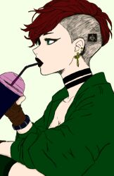 Rule 34 | black choker, choker, cup, drinking straw, drinking straw in mouth, earrings, green eyes, jewelry, non-web source, original, queenstewds, red hair, short hair, tagme