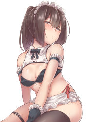 Rule 34 | 1girl, absurdres, akizuki (kancolle), alternate costume, apron, armband, asymmetrical legwear, black hair, black legwear, blush, breasts, cleavage, covered erect nipples, enmaided, frilled gloves, frills, gloves, grey eyes, highres, kantai collection, kiritto, maid, maid headdress, medium breasts, panties, ponytail, red panties, side-tie panties, simple background, solo, sweat, thigh strap, underwear, uneven legwear, waist apron, white apron, white background
