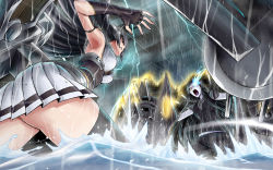 Rule 34 | 2girls, abyssal ship, ass, battle, black hair, blue eyes, cannon, glowing, glowing eye, h-new, headgear, highres, kantai collection, legendary pictures, lightning, long hair, machinery, multiple girls, nagato (kancolle), ocean, pacific rim, pale skin, parody, personification, rain, red eyes, ru-class battleship, skirt, thighhighs, turret, yellow eyes