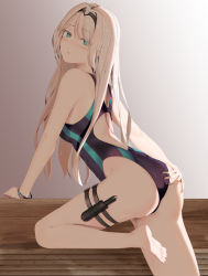 Rule 34 | 1girl, an-94 (girls&#039; frontline), aqua eyes, ass, bare arms, bare shoulders, barefoot, black one-piece swimsuit, blush, closed mouth, commentary request, competition swimsuit, from side, girls&#039; frontline, gradient background, hairband, highres, leg belt, long hair, looking at viewer, looking back, one-piece swimsuit, ru zhai, sidelocks, silver hair, solo, swimsuit, wristband
