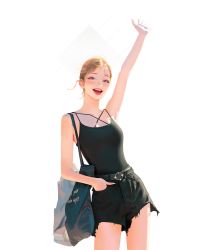 Rule 34 | 1girl, bag, belt, black belt, black camisole, black shorts, blonde hair, breasts, camisole, grey eyes, hair behind ear, hand in pocket, head tilt, high-waist shorts, highres, leaning to the side, looking at viewer, open hand, open mouth, original, shorts, small breasts, smile, solo, v, waving, wonbin lee