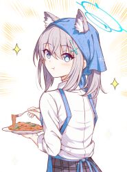 Rule 34 | 1girl, animal ear fluff, animal ears, apron, black skirt, blue apron, blue archive, blue eyes, blue halo, bright pupils, closed mouth, cross hair ornament, eating, food, fork, grey hair, hair between eyes, hair ornament, halo, head scarf, highres, holding, holding fork, holding plate, karikura (atatata71), long sleeves, looking at viewer, looking back, mismatched pupils, pasta, plate, shiroko (blue archive), shirt, skirt, solo, spaghetti, white background, white pupils, white shirt, wolf ears