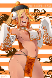 Rule 34 | 1girl, 2021, :d, arms up, artist name, bare shoulders, blonde hair, brand name imitation, breasts, butcha-u, cloud, commentary request, cowboy shot, dark-skinned female, dark skin, delightfully fuckable and unrefined!!, detached sleeves, earrings, food-themed earrings, food themed earrings, halloween, happy halloween, hat, highres, hooters, jewelry, jiangshi costume, loincloth, long hair, looking at viewer, medium breasts, navel, nipples, no bra, ofuda, ofuda on head, open mouth, orange background, orange loincloth, orange outline, outline, parted bangs, pelvic curtain, pumpkin earrings, qingdai guanmao, red eyes, revealing clothes, revision, skindentation, sleeves past fingers, sleeves past wrists, smile, solo, standing, striped, striped background, tagme, teeth, twintails, two-tone background, white background, wide sleeves