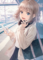 Rule 34 | 1girl, bag, blue eyes, blue skirt, bow, bowtie, bridge, cowboy shot, from side, hand on headphones, headphones, highres, holding, holding phone, hyuuga azuri, jacket, light, light brown hair, long sleeves, looking at viewer, monochrome background, open clothes, open jacket, open mouth, original, phone, pleated skirt, power lines, railroad tracks, red bow, red bowtie, school bag, shirt, short hair, shoulder bag, skirt, smile, solo, standing, teeth, train station, utility pole, white shirt