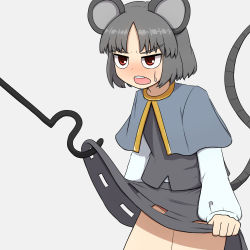 Rule 34 | animal ears, annoyed, blush, capelet, clothes lift, dress, embarrassed, grey capelet, grey dress, grey hair, grey skirt, grey vest, kigan&#039;eiji, layered clothes, long sleeves, mouse ears, mouse girl, mouse tail, nazrin, puffy sleeves, red eyes, shirt, short hair, skirt, skirt lift, skirt set, tail, touhou, vest, white shirt