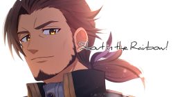 Rule 34 | &gt;:), 1boy, bad id, bad pixiv id, belmond banderas, black jacket, brown eyes, brown hair, choco (chocovix112), closed mouth, english text, facial hair, floating hair, jacket, long hair, looking at viewer, low ponytail, male focus, nijisanji, ponytail, portrait, simple background, smile, solo, stubble, thick eyebrows, v-shaped eyebrows, virtual youtuber, white background