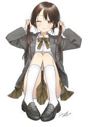 Rule 34 | 1girl, ;), blush, bow, brown bow, brown eyes, brown hair, brown skirt, bunching hair, closed mouth, clothes between thighs, collared shirt, commentary request, dress shirt, full body, grey jacket, hands up, highres, jacket, kneehighs, knees up, loafers, long hair, long sleeves, looking at viewer, one eye closed, open clothes, open jacket, original, pigeon-toed, plaid, plaid skirt, pleated skirt, pomu (joynet), school uniform, shirt, shoes, signature, simple background, sitting, skirt, smile, socks, solo, twintails, white background, white shirt, white socks