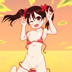 Rule 34 | 10s, 1girl, artist request, bikini, black hair, blush, bow, breasts, cloud, hair bow, looking at viewer, love live!, love live! school idol project, medium hair, navel, nico nico nii, nipples, ocean, one eye closed, open mouth, outdoors, pussy, red bikini, red eyes, shadow, sky, small breasts, smile, solo, standing, sweat, swimsuit, twintails, uncensored, wardrobe malfunction, water, wink, yazawa nico
