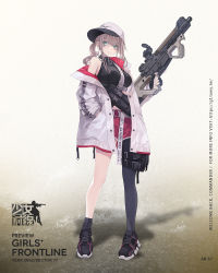 Rule 34 | 1girl, ar-57, ar-57 (girls&#039; frontline), armor-piercing ammunition, assault rifle, asymmetrical legwear, bare shoulders, baseball cap, belt pouch, black footwear, black gloves, black legwear, black shirt, blue eyes, breasts, brown hair, carbine, coat, crop top, dolphin shorts, earrings, fingerless gloves, fn 5.7x28mm, full body, girls&#039; frontline, gloves, gun, hand in pocket, hat, highres, holding, holding gun, holding weapon, horizontal magazine, jewelry, koh (minagi kou), long hair, long sleeves, looking at viewer, medium breasts, midriff, military cartridge, off shoulder, official art, open clothes, open coat, parted lips, pdw cartridge, personal defense weapon, pistol-caliber carbine, pistol cartridge, pouch, red shorts, rifle, scope, see-through, shirt, shoes, short shorts, shorts, side ponytail, sidelocks, sideways hat, single leg pantyhose, sleeveless, sleeveless shirt, sneakers, socks, solo, standing, strap, submachine gun, supersonic ammunition, thighs, translucent, trigger discipline, uneven legwear, weapon, white coat