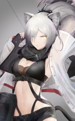 Rule 34 | 1girl, absurdres, animal ears, arknights, arm behind head, armpits, bag, belt, black shorts, breasts, brs (33143752), cat ears, cat girl, cat tail, center opening, chinese commentary, cleavage, cowboy shot, earphones, forehead, grey hair, hand up, high ponytail, highres, looking at viewer, looking to the side, medium breasts, navel, open mouth, parted bangs, parted lips, schwarz (arknights), see-through, see-through shirt, shorts, solo, tail, v-shaped eyebrows, yellow eyes