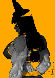 Rule 34 | 1girl, back, biceps, blending, blunt bangs, breasts, commentary, dark-skinned female, dark skin, dated, egyptian, english commentary, eyepatch, female focus, from side, greyscale, greyscale with colored background, highres, joseph virtuoso, large breasts, long hair, low-tied long hair, midriff, monochrome, muscular, muscular female, one-eyed, orange background, orange theme, original, scar, sideboob, signature, solo, spandex, sports bra, spot color, sweat, taiga damada (joseph virtuoso)
