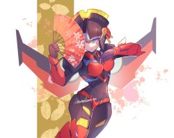 Rule 34 | 1girl, artist name, autobot, azuredawn40, black hair, blue eyes, breasts, flame toys, flame toys windblade, folding fan, hand fan, highres, holding, holding fan, mecha, mechanical hair, mechanical wings, medium breasts, one eye covered, open hand, robot, smile, solo, transformers, windblade, wings