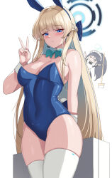 Rule 34 | 2girls, absurdres, animal ears, aqua bow, aqua bowtie, aris (blue archive), aris (maid) (blue archive), bare shoulders, black hair, blonde hair, blue archive, blue eyes, blue hair, blue leotard, bow, bowtie, braid, breasts, broom, cho!cho!, cleavage, closed mouth, commentary, detached collar, fake animal ears, halo, headset, highres, holding, holding broom, large breasts, leotard, long hair, looking at viewer, maid, maid headdress, multicolored hair, multiple girls, official art, ponytail, rabbit ears, simple background, standing, thighhighs, thighs, toki (blue archive), toki (bunny) (blue archive), two-tone hair, v, very long hair, white background, white thighhighs