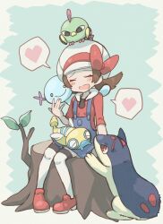 Rule 34 | 1girl, blue overalls, blush, bow, brown hair, cabbie hat, closed eyes, commentary request, creatures (company), dunsparce, game freak, gen 2 pokemon, hat, hat bow, heart, long hair, lyra (pokemon), natu, nintendo, open mouth, overalls, pigeon-toed, pokemon, pokemon (creature), pokemon hgss, quilava, red bow, red footwear, red shirt, s (happycolor 329), shirt, shoes, sitting, sitting on tree stump, spoken heart, thighhighs, tree stump, twintails, white headwear, wooper