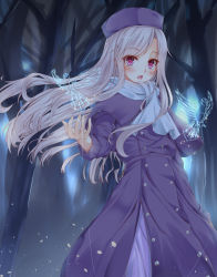 Rule 34 | 1girl, coat, fate/stay night, fate (series), floating hair, forest, fur hat, hat, hypertan, illyasviel von einzbern, long hair, nature, night, open mouth, outdoors, papakha, purple coat, purple eyes, purple hat, scarf, silver hair, solo, standing, very long hair, white scarf