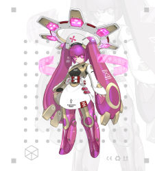 Rule 34 | 1girl, absurdres, armor, arms at sides, belt, belt pouch, cross, full body, halo, hat, highres, hologram, jinyu lao honglingjin, joints, long hair, looking at viewer, mecha musume, mechanical hair, mechanical halo, no feet, nurse cap, original, pink eyes, pink hair, pouch, red cross, robot joints, solo, standing, symbol-shaped pupils, twintails, very long hair, white background