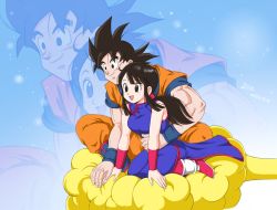 Rule 34 | 10s, 1boy, 1girl, 2016, :d, artist name, black eyes, black hair, chi-chi (dragon ball), chinese clothes, couple, dougi, dragon ball, dragonball z, flying, flying nimbus, holding hands, happy, hetero, highres, hug, husband and wife, kneeling, masa (p-piyo), muscular, open mouth, ponytail, short hair, side slit, sitting, sleeveless, smile, son goku, spiked hair, wristband, zoom layer