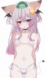 1girl animal_ears annytf armpit_crease arms_behind_back artist_name bikini black_choker black_eyes blush blush_stickers breasts choker collarbone cowboy_shot demon_tail demon_wings fox_ears fox_girl grey_hair groin hair_ornament head_wings heterochromia highres indie_virtual_youtuber long_hair looking_at_viewer maid_headdress micro_bikini midriff multicolored_hair navel on_head open_mouth pink_hair purple_eyes red_eyes shy sidelocks simple_background small_breasts star_(symbol) star_hair_ornament streaked_hair swimsuit tail turtle vedal987 virtual_youtuber whiskers white_background white_bikini wings zxcsque