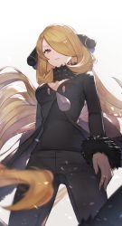 Rule 34 | 1girl, black coat, black pants, black shirt, blonde hair, blurry, breasts, cleavage, coat, commentary, commentary request, creatures (company), cynthia (pokemon), eyelashes, floating hair, from below, fur-trimmed coat, fur trim, game freak, grey eyes, hair ornament, hair over one eye, highres, long hair, long sleeves, nintendo, odd (hin yari), pants, parted lips, pokemon, pokemon dppt, shirt, solo, very long hair