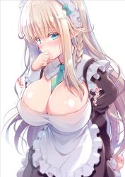 Rule 34 | apron, blonde hair, blue eyes, blush, braid, breasts, cleavage, elf, embarrassed, frilled sleeves, frills, large breasts, long hair, looking at viewer, maid, maid apron, maid headdress, necktie, original, pointy ears, suzui narumi