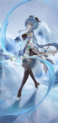 Rule 34 | 1girl, absurdres, ahoge, amos&#039; bow (genshin impact), bare shoulders, bell, black gloves, black pantyhose, blue hair, bow (weapon), breasts, chinese knot, detached sleeves, drawing bow, flower knot, full body, ganyu (genshin impact), genshin impact, gloves, gold trim, high heels, highres, holding, holding bow (weapon), holding weapon, horns, k/a, long hair, looking at viewer, medium breasts, neck bell, pantyhose, purple eyes, sidelocks, solo, standing, tassel, thighlet, vision (genshin impact), waist cape, weapon, white sleeves
