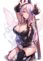 Rule 34 | 1girl, :3, absurdres, arm up, ataruman, black gloves, black thighhighs, blue eyes, breasts, bridal garter, bug, butterfly, chromatic aberration, cleavage, closed mouth, commentary request, draph, elbow gloves, gloves, granblue fantasy, hair ornament, hair over one eye, highres, holding, holding sword, holding weapon, horns, insect, katana, kneeling, large breasts, light purple hair, long hair, looking at viewer, narmaya (granblue fantasy), pointy ears, single elbow glove, single thighhigh, solo, sword, thighhighs, weapon, white background