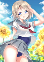 Rule 34 | 10s, 1girl, bad id, bad pixiv id, blue eyes, breasts, brown hair, flower, love live!, love live! sunshine!!, md5 mismatch, open mouth, ponytail korosuke, salute, school uniform, serafuku, short hair, smile, solo, sunflower, swimsuit, swimsuit under clothes, watanabe you