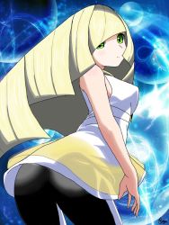 Rule 34 | 10s, 1girl, artist request, ass, bare shoulders, blonde hair, blush, breasts, creatures (company), dress, expressionless, from behind, game freak, green eyes, leggings, long hair, looking at viewer, looking back, lusamine (pokemon), nintendo, pants, pokemon, pokemon sm, sleeveless, sleeveless dress, solo, very long hair