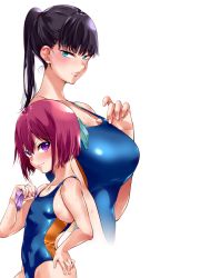 Rule 34 | 2girls, artist request, black hair, blue eyes, breasts, competition swimsuit, hair between eyes, highres, indoors, kuroda rehn chifuyu, long hair, looking at viewer, looking to the side, multiple girls, one-piece swimsuit, parted lips, ponytail, red hair, shiny clothes, shiny skin, shuumatsu no harem, simple background, solo, standing, swimsuit, toudou akira (shuumatsu no harem)