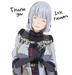 Rule 34 | 1girl, black gloves, braid, breasts, cyka, english text, closed eyes, girls&#039; frontline, gloves, highres, large breasts, milestone celebration, rpk-16 (girls&#039; frontline), short hair, side braids, silver hair, solo, tactical clothes, thank you, upper body, white background