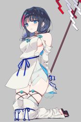Rule 34 | 1girl, arms behind back, bare shoulders, black hair, blue eyes, blue ribbon, blush, breasts, detached leggings, dress, fate/grand order, fate/requiem, fate (series), fundoshi, grey background, highres, japanese clothes, jewelry, kinbakuman, kneeling, large breasts, legs, long sleeves, looking at viewer, magatama, magatama hair ornament, medium hair, multicolored hair, necklace, parted lips, pelvic curtain, pink hair, polearm, puffy long sleeves, puffy sleeves, ribbon, sandals, seigaiha, short dress, sideboob, sideless outfit, simple background, spear, streaked hair, two-sided fabric, utsumi erice, weapon, white dress, white legwear